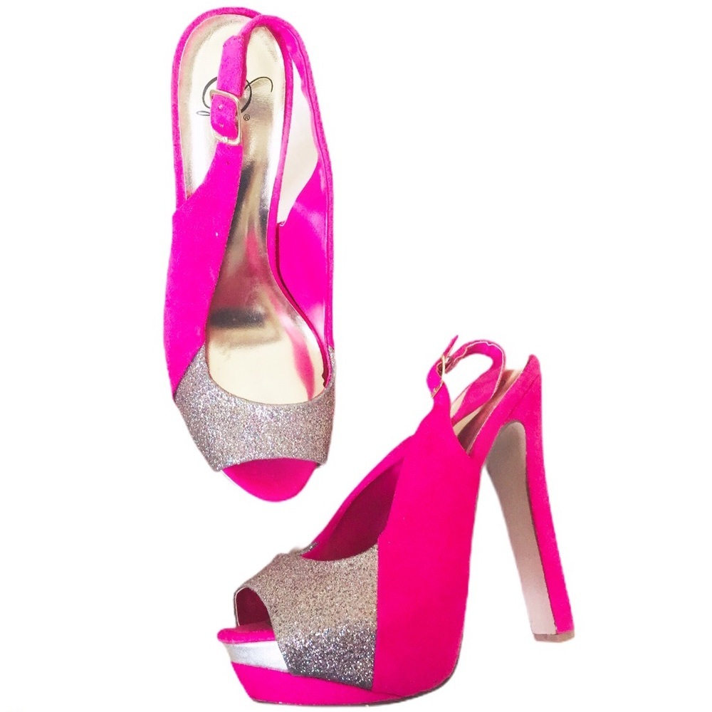 HEART IN D Hot Pink Glitter Peep-Toe Slingback Heels Y2K Size 7